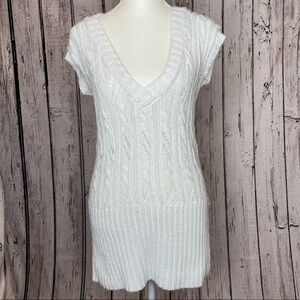 Wet Seal <Vintage Y2K> White/Cream Shimmer Sweater Vest‎ Tunic Cap Sleeve Medium